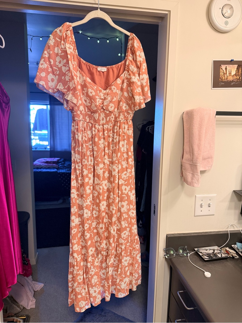 august silk Coral Maxi Dress with White Floral Print